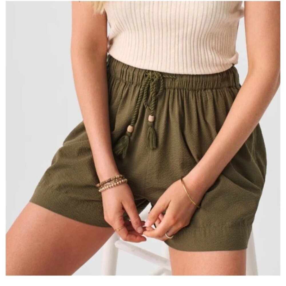 Faherty Marina Seersucker Shorts Military Green Elastic Waist Medium Organic B